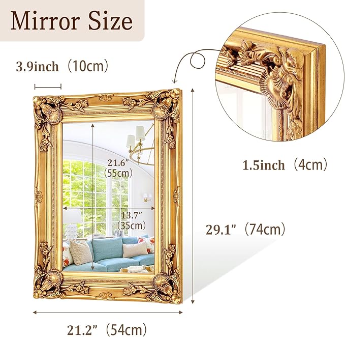 Antique Wall Mirror, 29.1'' x 21.2''Vintage Baroque Mirror with Ornate Frame, Gold Mirror Decorative for Entryway, Living Room, Bathroom