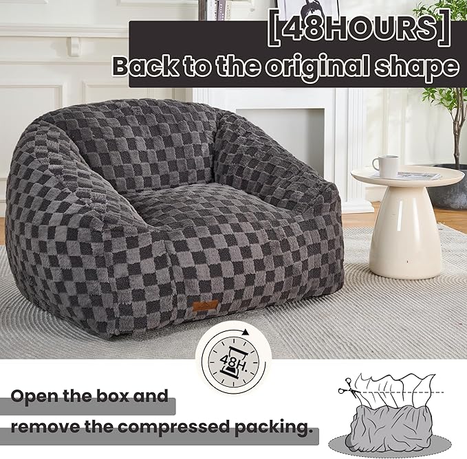 Bean Bag Chairs for Adults, Giant Beanbag Sofa Comfy Reading Chair, Oversized Bean Bag Chairs for Living Room Bedroom, Soft Faux Fur Fabric, 3.2FT, Dark Grey, Checkered