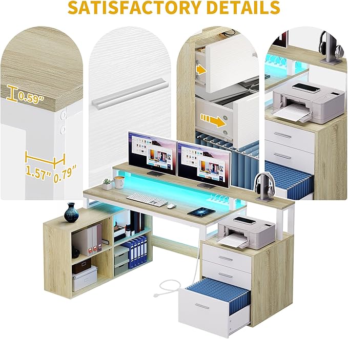 DWVO L Shaped Desk with Drawers, 65" Computer Desk with Power Outlets & LED Lights, Corner Home Office Desk with Storage Shelves & Printer Stand, White & Oak