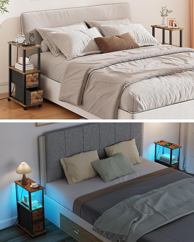 TUTOTAK Small Narrow End Tables, LED Side Tables with 2 Fabric Drawers, Set of 2, Bedside Tables with Charging Station for Small Spaces, Slim Nightstands with USB Ports and Wheels, TB01BB053CL