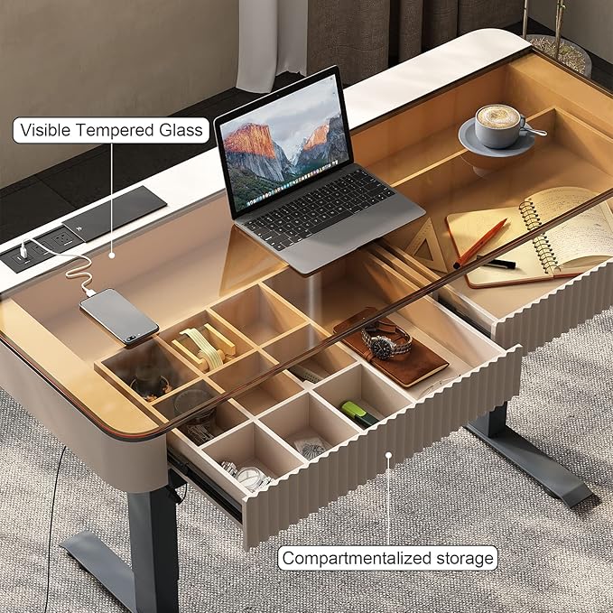 Lartis Office Desk, Electric Computer Lift Table Standing Desk with Drawer Charging USB Port, Home Office Laptop Table with Drawer