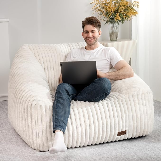 HABUTWAY Bean Bag Chair, Giant Bean Bag Chairs for Adults and Kids, Bean Bag Sofa, Lazy Floor Sofa, Faux Fur Beanbag Chair with Armrests for Living Room Bedroom (Beige)