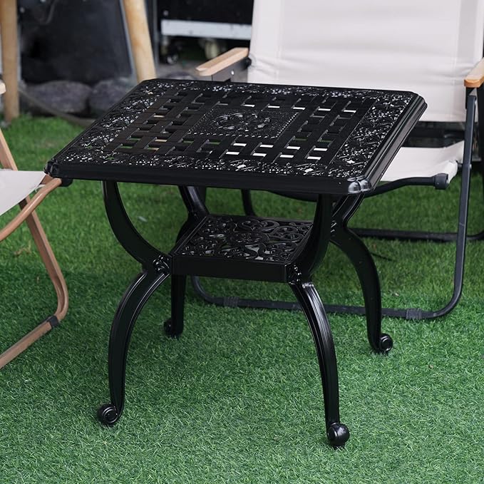 JARDIN DE CENTENNIAL Cast Aluminum Outdoor Side Table,Anti-Rust Outdoor End Table,Patio Coffee Bistro Table for Indoor,Garden,Porch,Balcony(Square Black)