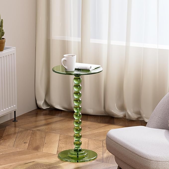 Acrylic Side Table, End Table Round Top with Solid Post for Living Room, Bedroom, Balcony, Easy Assembly (Pedestal, Green)