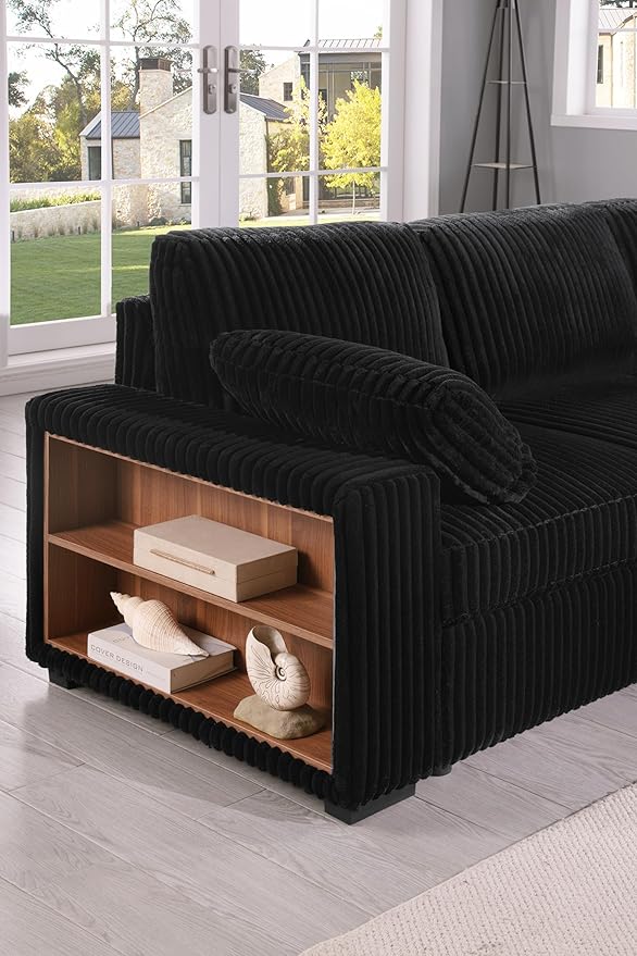 Eafurn Oversized U Shaped Convertible Sleeper Sectional Sofa w/Pull Out Couch Bed, 6 Seater Corduroy Upholstered Corner Lounge Sofa Couch Sleeper Sofabed w/Storage Chaise,Shelves