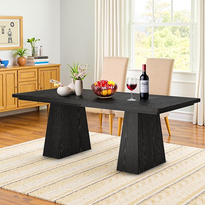 63 Inch Dining Table for 4-6, Modern Kitchen Dinner Table with Double Robust Pedestal, Wood Rectangular Eating Tables for Living Room, Dining Room, Dark Black