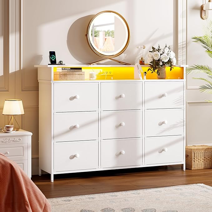 Nicehill 9 Drawer Dresser for Bedroom,Led Light White Dresser,TV Stand for Bedroom with Charging Station, Fabric Drawer Chests of Drawers for Hallway,Closet,Entryway