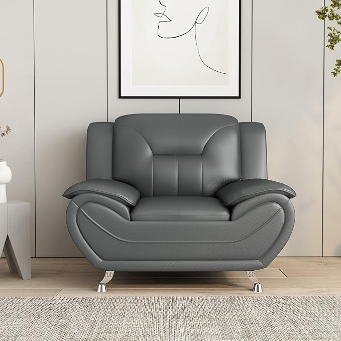 Container Furniture Direct Michael Modern Faux Leather Upholstered Stainless Steel Legs Living Room Sofa, Loveseat, Gray