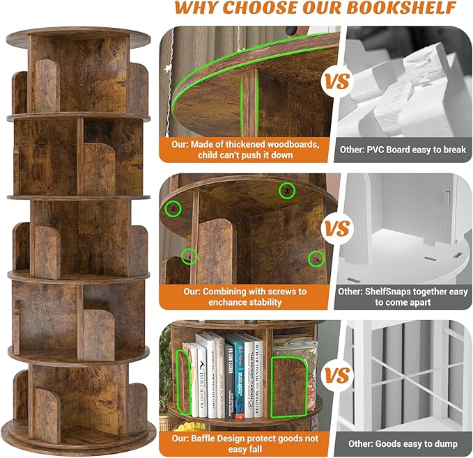 Aheaplus Rotating Bookshelf, 360 Display Wood Spinning Bookshelf Tower, 5 Tier Floor Standing Bookcase Storage Rack, Revolving Bookcase Corner Bookshelfs for Small Space, Study, Bed Room, Rustic Brown