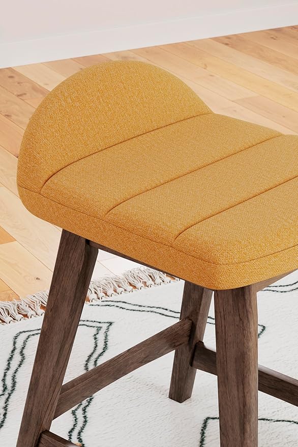 Signature Design by Ashley Lyncott Contemporary 28.5" Counter Height Upholstered Bar Stool with Foam Cushion, 2 Count, Mustard & Brown