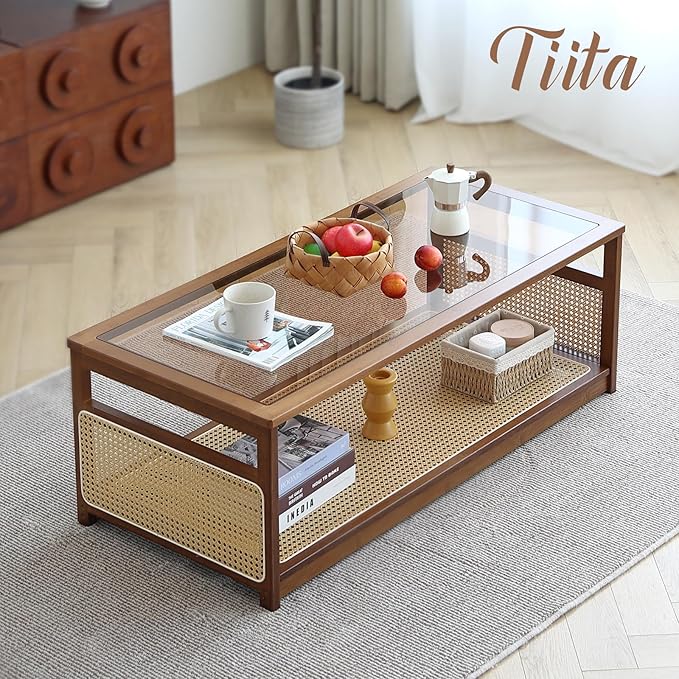 Tiita Coffee Tables for Living Room,Mid Century Modern Storage 2-Tier Coffee Tables,Rattan Glass RectangleTables,Suitable for Living Room Apartment, Large, Brown