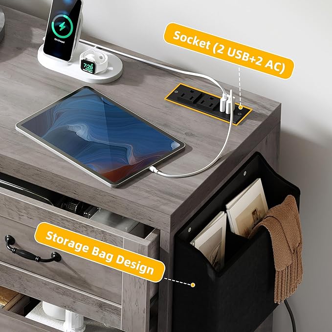 YITAHOME Grey Drawers TV Stand for 65 inches with Power Outlets -Chest of Drawers Dresser with Side Organizer Bag Entertainment Center TV Console