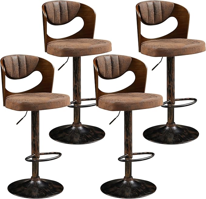 VECELO BarStools Set of 4,Kitchen Island Stools with Bentwood Back,Arm&Footrest,Counter Height Bar Chairs PU Leather Cushion Seat Adjustable Height 360°Swivel,Island Chairs for Club Pub,Rustic Brown