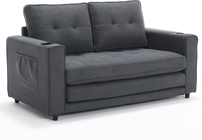 ERYE 3 Fold Tufted Upholstered Futon Sofa Bed Modern Convertible Foldable Floor Loveseat Sofabed with Pull Out Sleeper Couch Daybed W/Cupholders and Pockets for Living Room