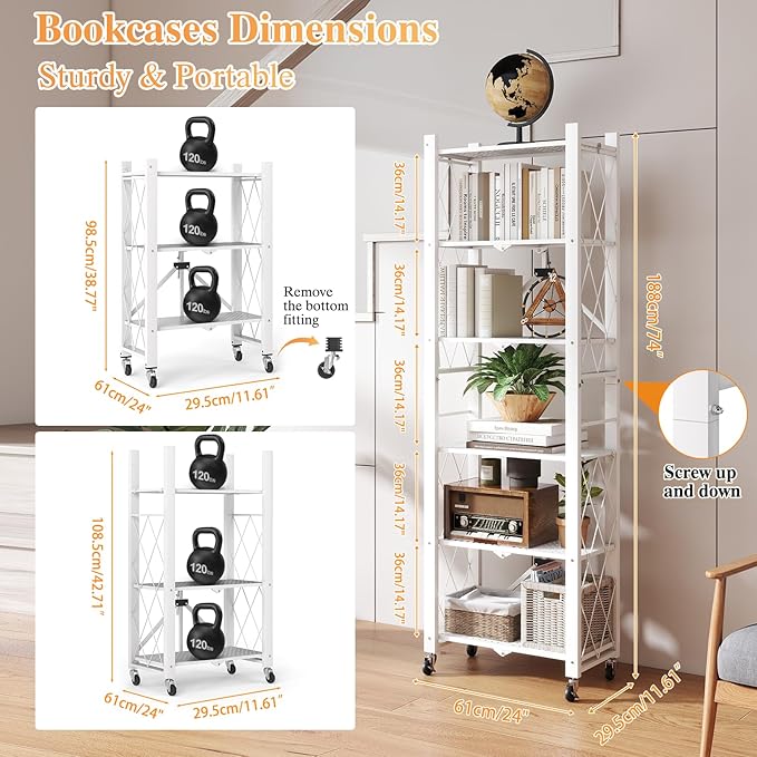 BAYOYONI 6 Tier Industrial Bookshelf - Storage Shelves with Two Usage Modes - Foldable Metal Bookshelves for Living Rooms, Offices, and Bedrooms (White, 6 Tier)
