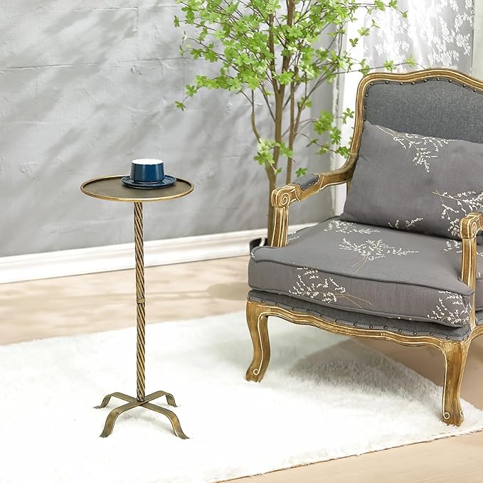 Metal Martini Table, 27.75" Antique Gold Side Table with 4 Legs, Modern Small Round Drink Table for Small Spaces Livng Room Sofa Couch Patio