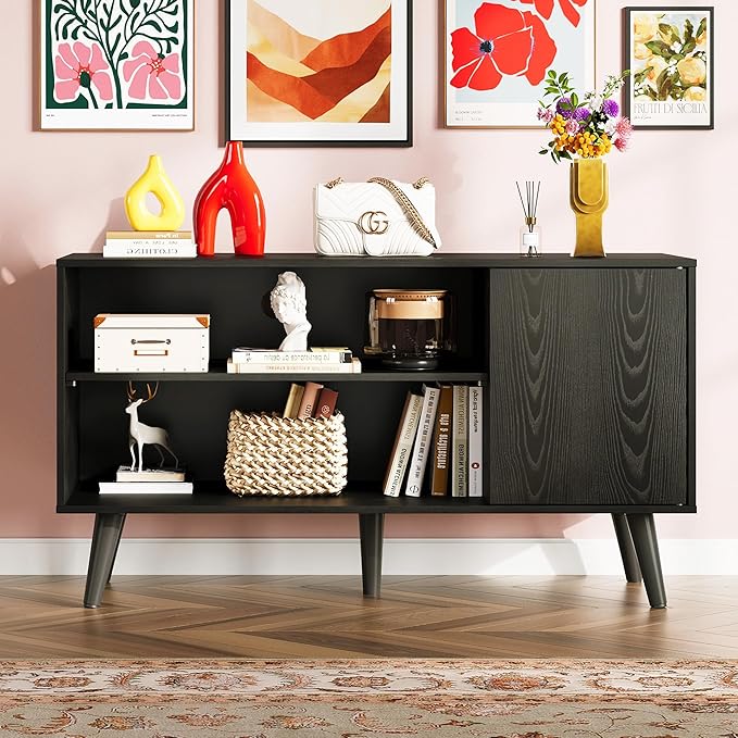 WLIVE TV Stand for 43 Inch TV, Small Entertainment Center with Storage Cabinet & Adjustable Shelves, Mid-Century Modern TV Stands for Living Room and Bedroom, 32" TV Console, Black