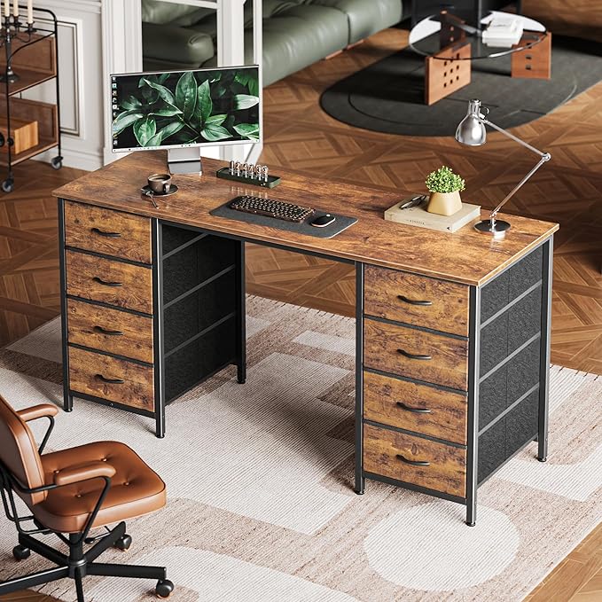 Huuger 55 Inch Computer Desk with 8 Fabric Drawers, Office Desk Work Desk for Home Office, Study, Gaming Desk with Drawers, Large Storage, Rustic Brown