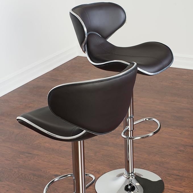 Roundhill Furniture Masaccio Cushioned Leatherette Upholstery Airlift Adjustable Swivel Barstool with Chrome Base, Set of 2, Brown