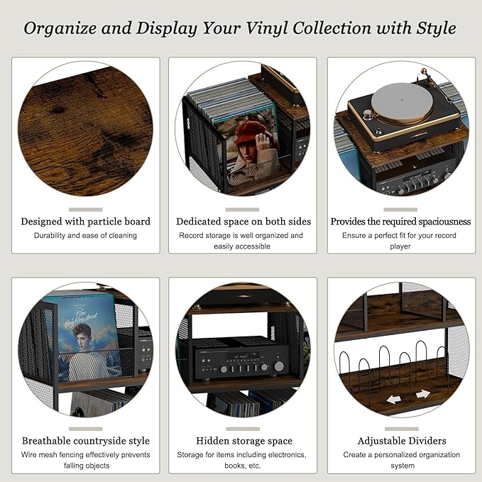 Large Vintage Record Player Table with 4 Adjustable Dividers, Vinyl Record Storage Cabinet for Up to 350 Albums, Medieval Turntable Stand for Living Room, Bedroom (Patent Pending)