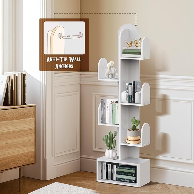 Cactus Tree Bookshelf, 5-Tier Wood 50" Tall Corner Book Storage Rack for CDs/Movies/Books, Small Space-Saving Organizer Shelves for Living Room, Bedroom, Home Office (White)