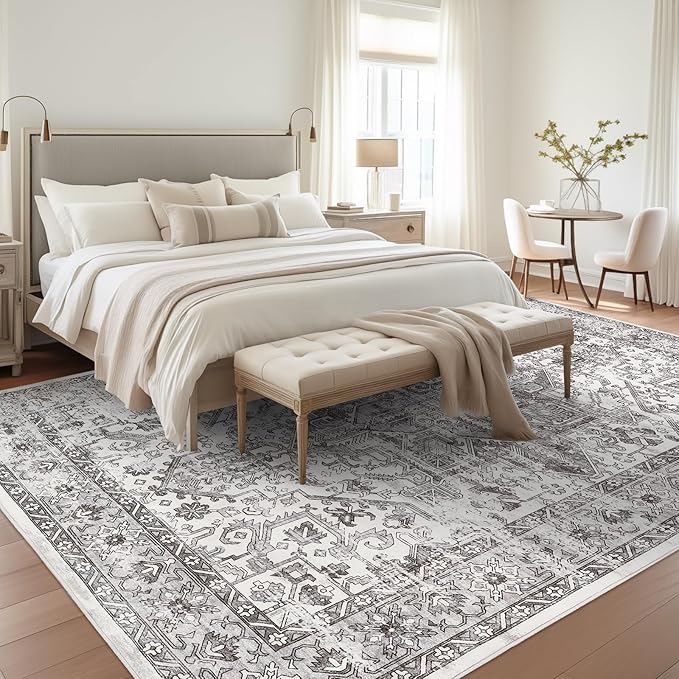 zesthome 8x10 Area Rugs for Living Room,Non-Slip Backing Washable Rugs,Vintage Large Area Rug,Stain Resistant Home Decor Rug (Grey/White,8'x10')