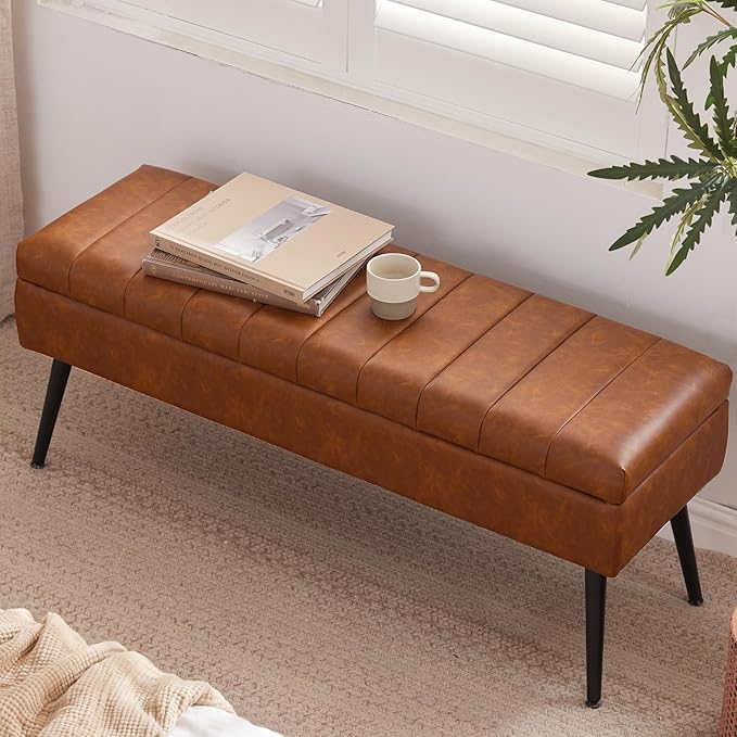 CUYOCA Storage Ottoman Bench, 43.5" Faux Leather Upholstered Entryway Bench, Long Ottoman with Storage for Living Room, Support 660lbs - Cognac Brown