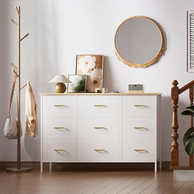 Wide TV Stand Modern TV Console, 9 Drawers Dresser for Bedroom, Fabric Storage Cabinet, Chest of Drawers for Closet, Nursery, Living Room(White)