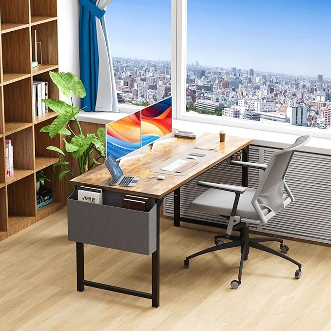 63 Inch Desk Office with Storage, Modern Simple Style Gaming Computer Table for Youth Student Adult, Metal and Wood Home Office Furniture, Rustic Brown
