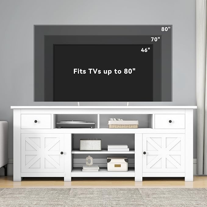 DWVO Farmhouse TV Stand for 75/80 Inches TVs, Entertainment Centers Furniture 30" Tall, TV Consoles with Storage Drawers & Power Outlet, Rustic TV Stands for Living Room, White