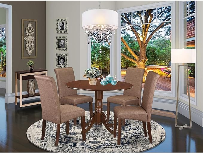 East West Furniture DLBA5-MAH-18 5 Piece Dining Room Table Set Includes a Round Kitchen Table with Dropleaf and 4 Brown Linen Linen Fabric Parson Dining Chairs, 42x42 Inch, Mahogany
