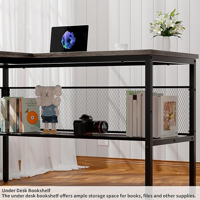 L Shaped Computer Desk with Magic Power Outlets and Smart LED Light, Reversible Office Corner Desk with Ergonomic Monitor Stand, Large Gaming Table with Storage, Sleek Grid Design, Black Oak