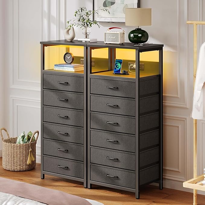 Seventable Night Stand with Charging Station, Tall Nightstand with 6 Fabric Storage Drawers, Side Table with LED Light for Bedroom, Entryway, Black