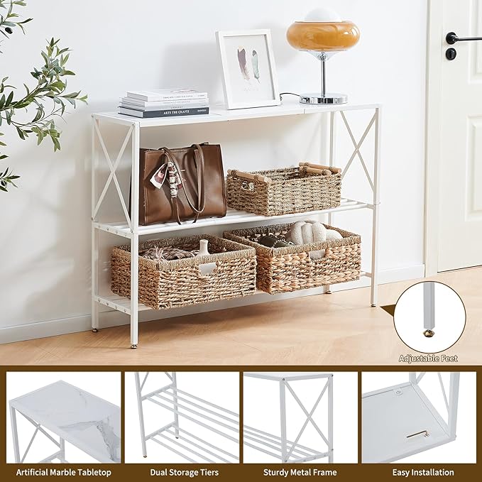 Wimarsbon Console Table,Multifunctional Sofa Side Table with Shelves,Behind Couch TV Tables with Metal Frame,Accent Display Stand for Hallway,Entrance (41.9" 3-Layer White Frame)