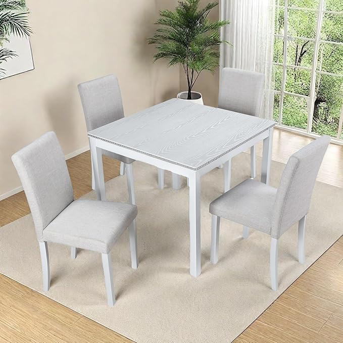 Dining Table Set for 4, 5-Piece Kitchen Table & Chairs Set with Versatile Square Table & 4 Upholstered Chairs, 34.5'' Dinner Set with Crystal Decorations & Wood Grain Design, Light White