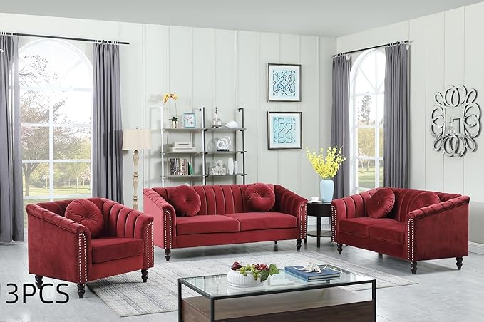 Sectional Sofa Set, Microfiber Chesterfield Upholstered Sofas Loveseat Couch Chair Sets with Style Button Tufted, Scroll Arms and Nailhead for Living Room, Office, Apartment-Red,3PCS