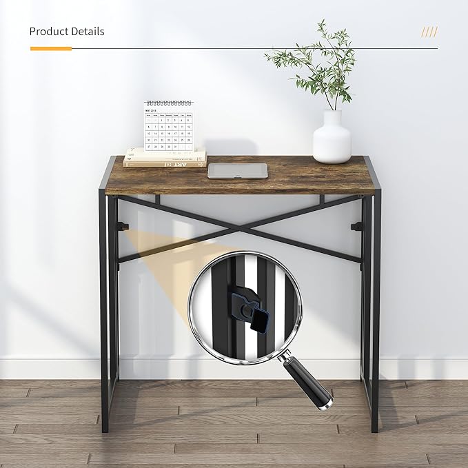 32 inch Small Folding Computer Desk, Writing Gaming Computer Desk for Small Spaces, No Assembly Required Home Office Desk, Rustic Brown