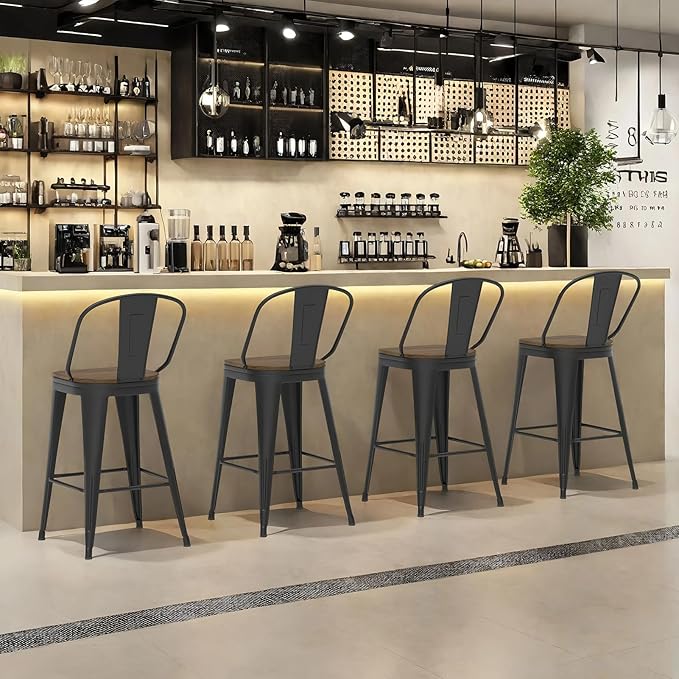 30” Swivel Bar Stools Set of 4, Counter Height Bar Stools Wooden Seat, Metal Industrial Bar Chairs with High Back for Kitchen Island (Black)