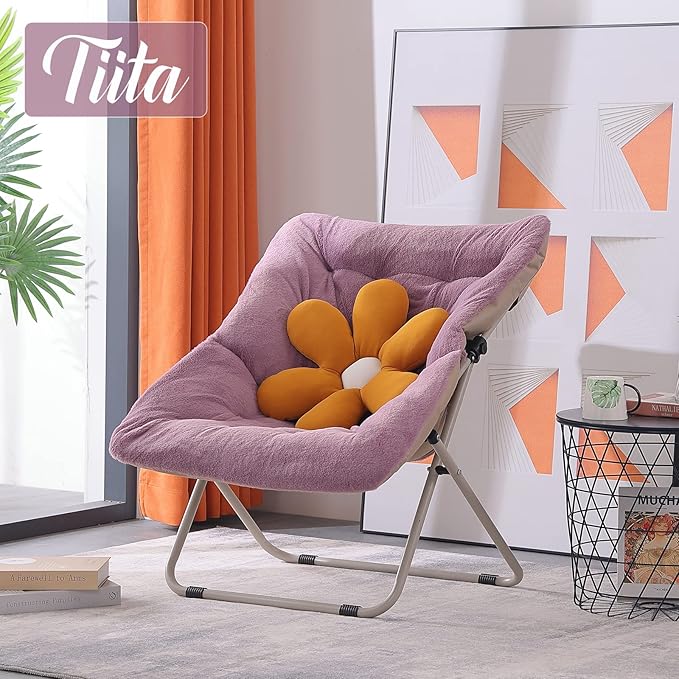 Tiita Comfy Folded Chair, Soft Faux Fur Oversized Folding Accent Chair, Lounge Lazy Chair for Kids Teens Adults, Metal Frame Moon Chair for Bedroom, Living Room, Dorm Rooms