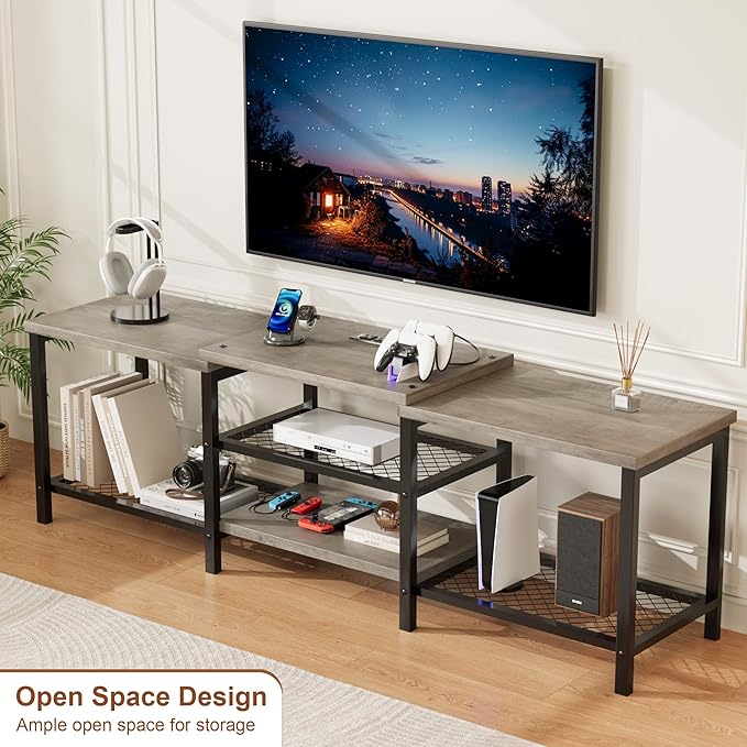 GarveeHome TV Stand with LED Lights for 55/65/75 Inch TV, 67 Inch Large Entertainment Center with Power Outlets, Media Console for Living Room, Bedroom, Grey