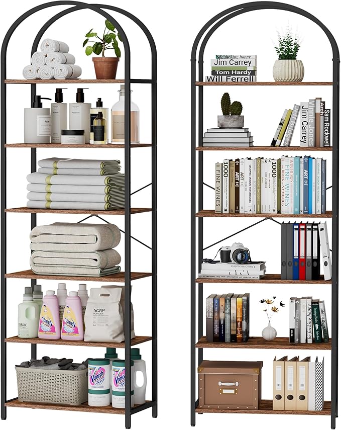 Homhedy 6-Tier Bookshelf Arched Display Racks, Wood and Metal Bookcase, Tall Bookshelf, Industrial Display Standing Shelf Unit, for Home Office, Living Room, Bedroom, Bathroom, Rustic Brown