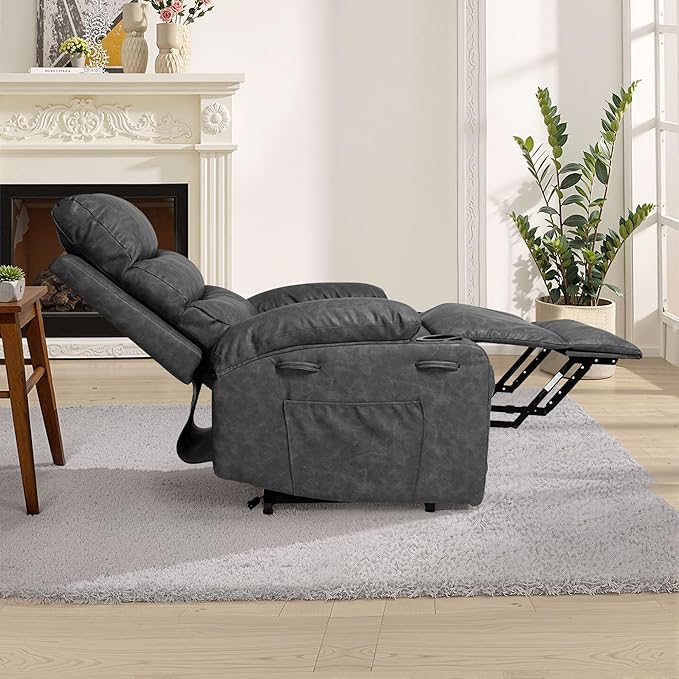 Recliner Chair Power Lift Massage Chair Full Body 21" Large Size Electric Recliner with 8 Point Vibration Massage and Lumber Heat, Remote Control, Side Pockets and Cup Holders, Grey