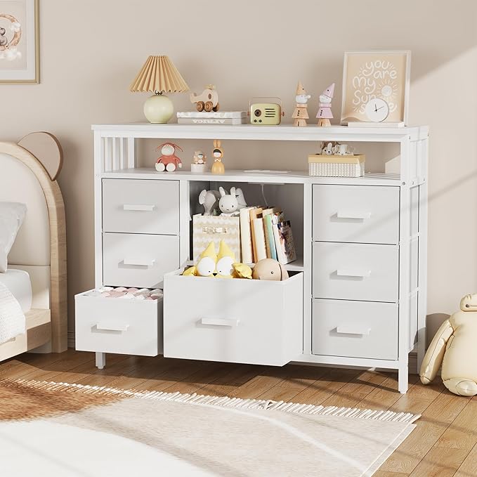 7 Drawer Dresser TV Stand with Power Outlets and LED Lights, Entertainment Center with Open Shelf, Media Console for 50“ TV, Dresser for Bedroom (White)