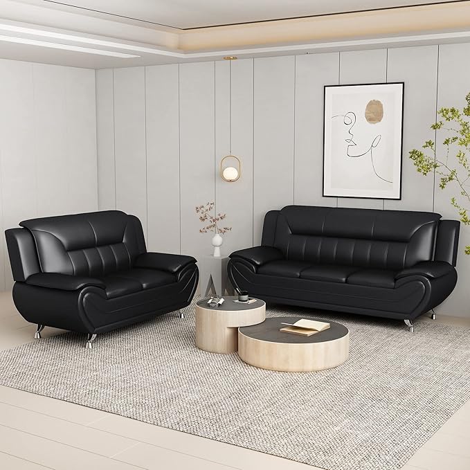Container Furniture Direct Michael Modern Faux Leather Upholstered Stainless Steel Legs Living Room Sofa, Loveseat, Midnight