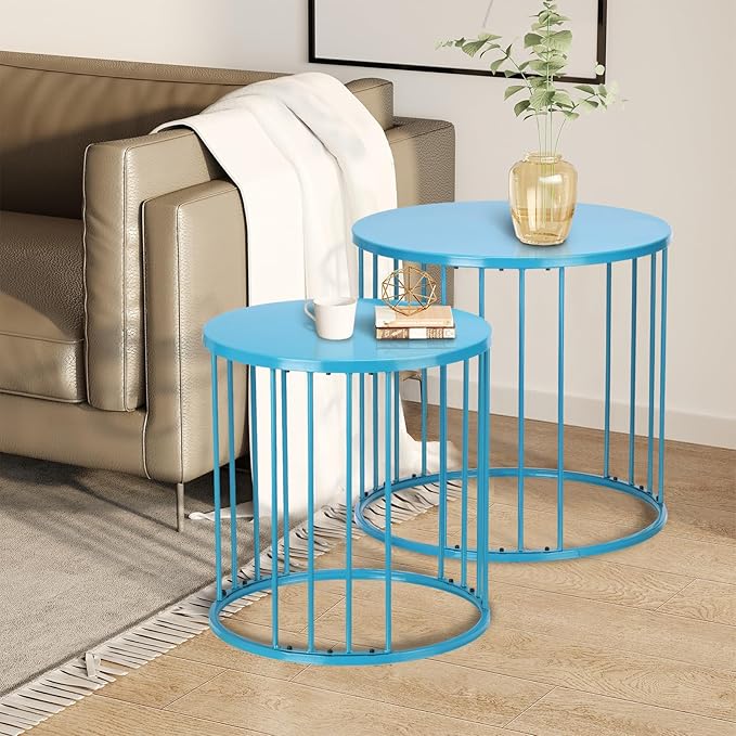 SUNNYPARK Outdoor Side Table Set of 2, Metal Circle Accent End Tables for Balcony Backyard Garden Indoor Living Room, Durable Black Nesting Coffee Tables, 20”+16” Dia