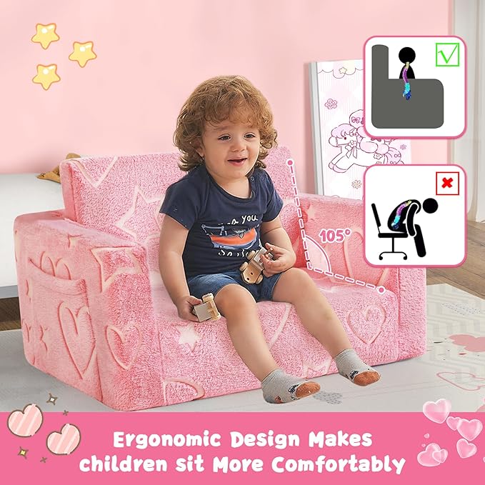 Toddler Chair Comfy,2-in-1 Soft Toddler Couch Fold Out for Kids,Convertible Sofa to Lounger,Gift for Girls and Boys Birthday,Heart,Large