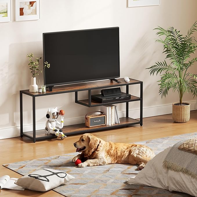 TECHMILLY Modern TV Stand for 65" TV, TV Table with Storage Shelves, Entertainment Center with Metal Frame, TV Console Table for Living Room, Bedroom, Rustic Brown