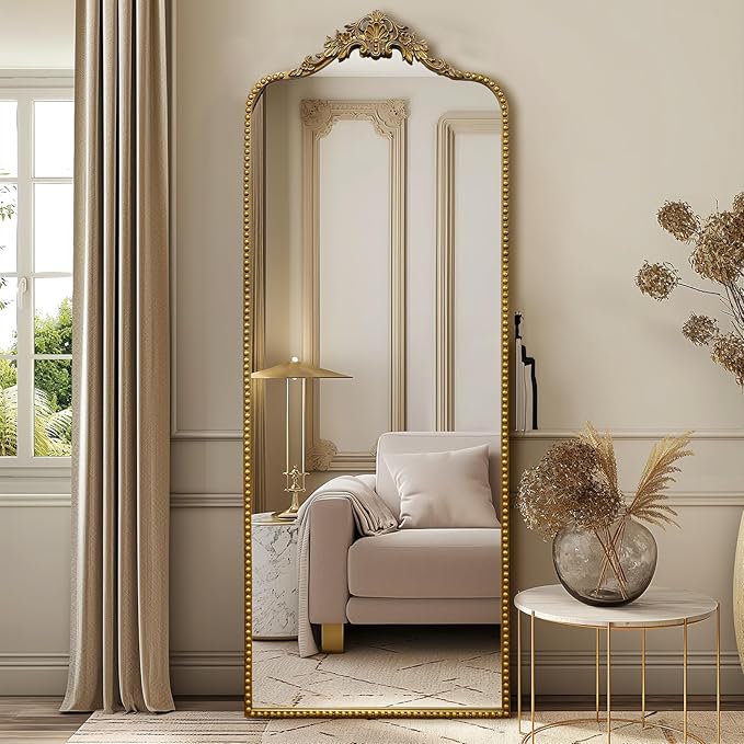 G-LEAF Vintage Baroque Full Length Floor Mirror 75"X30", Victorian Antique Mirror with Brush Gold Ornate Metal Frame for Fireplace Entryway Living Room Hallway Bathroom