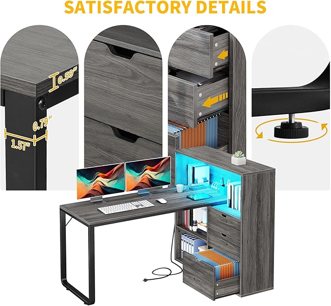 DWVO L Shaped Desk with Drawers, 55" Corner Computer Desk with Bookshelf & Power Outlets & LED Lights, Home Office Desk with Storage Shelves, Grey