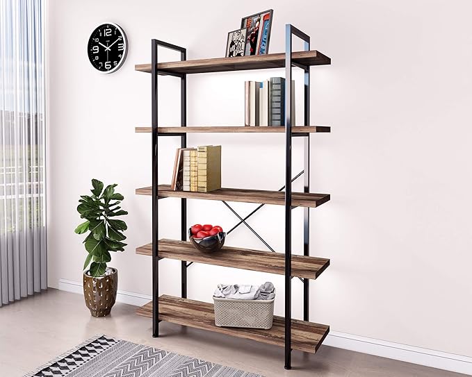 45MinST 5-Tier Vintage Industrial Style Bookcase/Metal and Wood Bookshelf Furniture for Collection,Vintage Brown, 3/4/5 Tier (5-Tier)